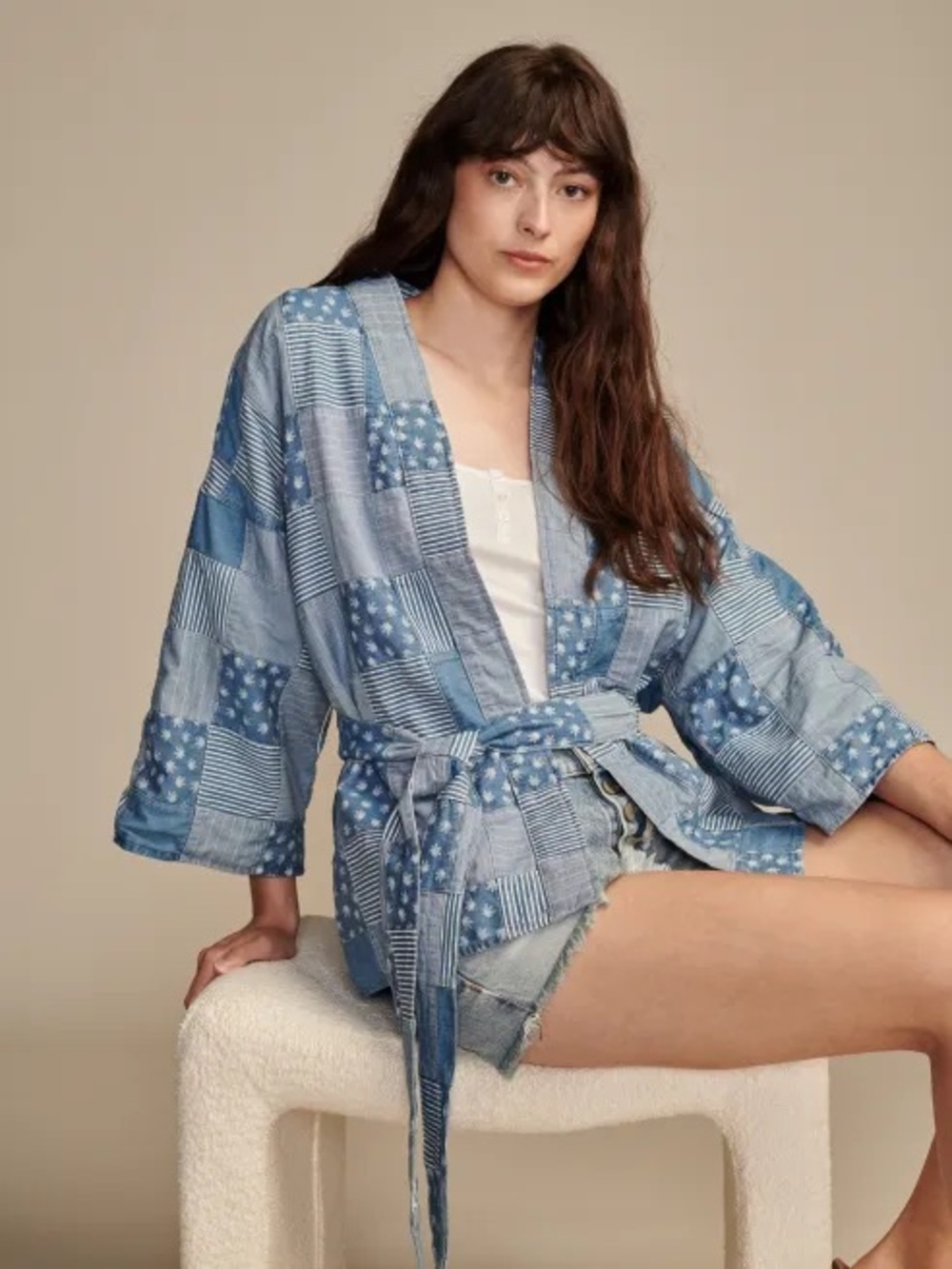 Lucky Brand Light Blue Patchwork Kimono Robe